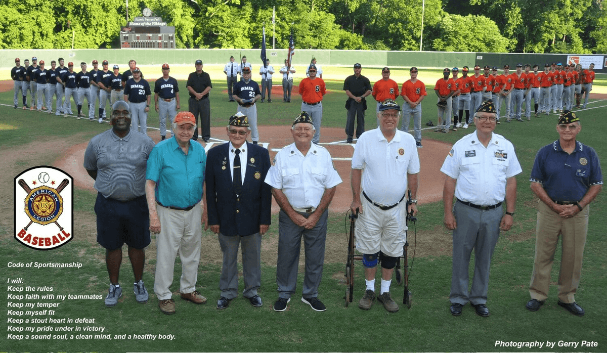 Spartanburg American Legion Post 28 coaches, players, administrators, and advisors proudly pose on their home field in celebration of 100 years of Legion baseball.