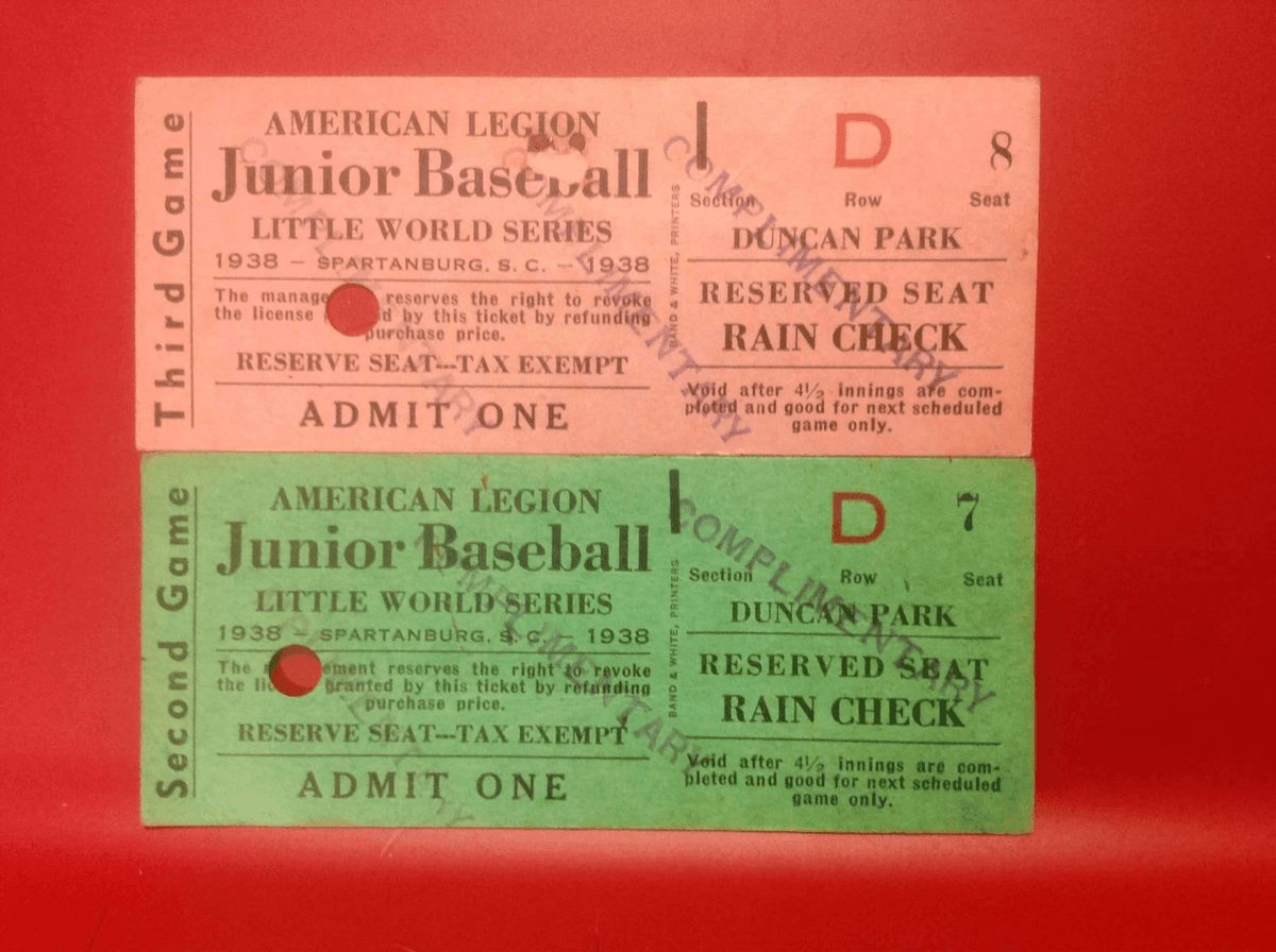 Tickets from the 1938 American Legion Little World Series, also played at Duncan Park, in which Post 28 lost to a team from San Diego. This and the preceding two photographs are of items from the collection of Susan Wood Pope.