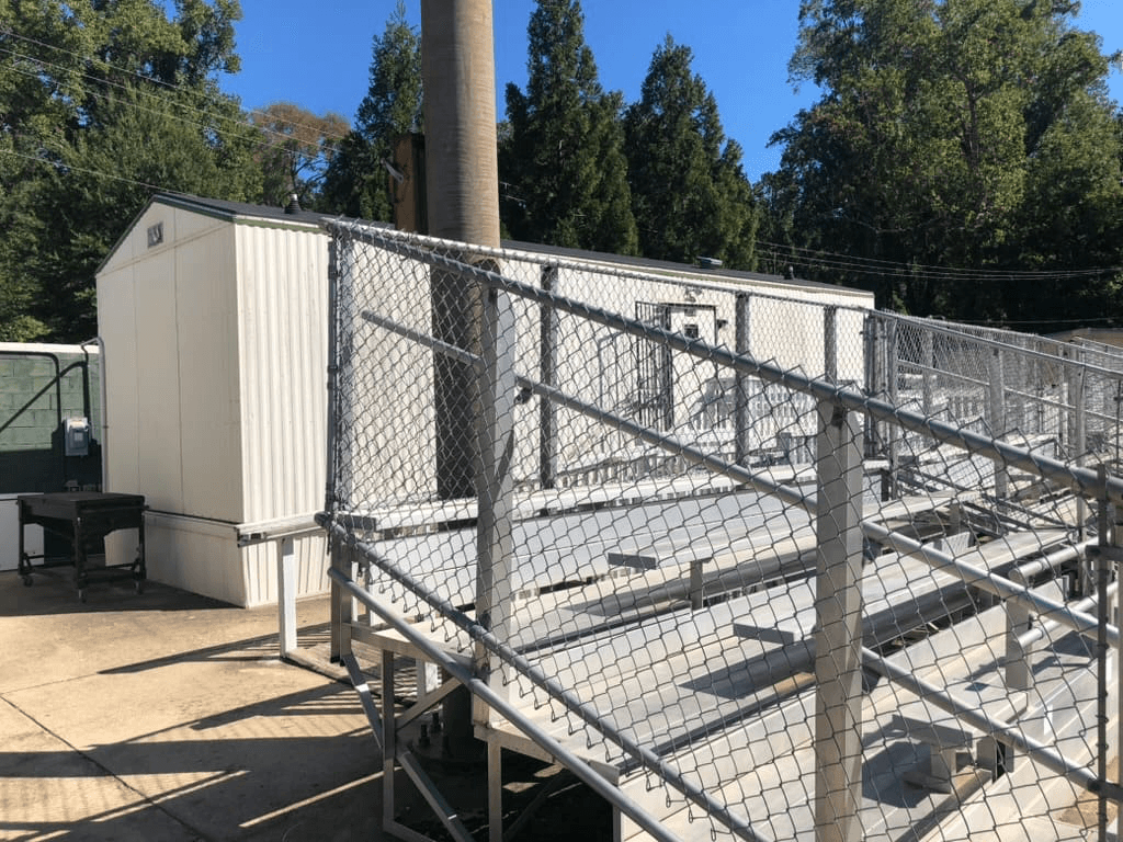 The current restroom facility at Duncan Park Stadium, which will be replaced by a structure paid for by Spartanburg County School District Seven and constructed by a firm in North Carolina. The holdup in the delivery of the new lavatory fixtures is the delay in the granting of the necessary permits by the state.